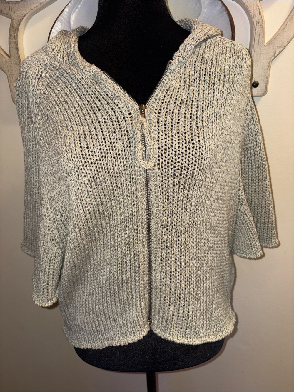 Curio by Anthropologie Open Knit Short Sleeve Zip-Up Hoodie Sweater Sage Green